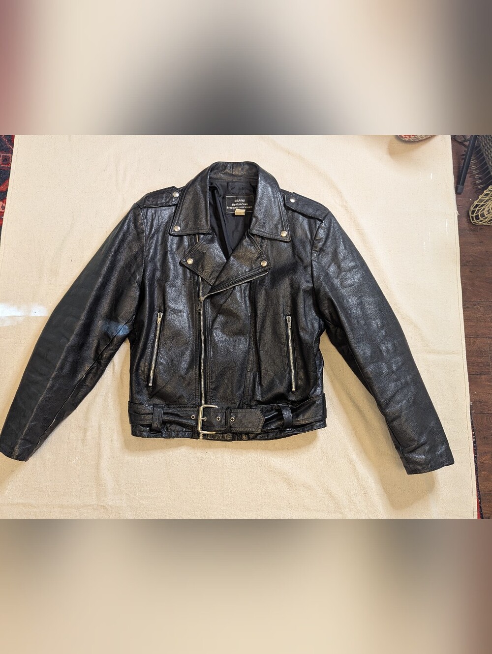 1990s Sears Black Leather Motorcycle Jacket with Belt